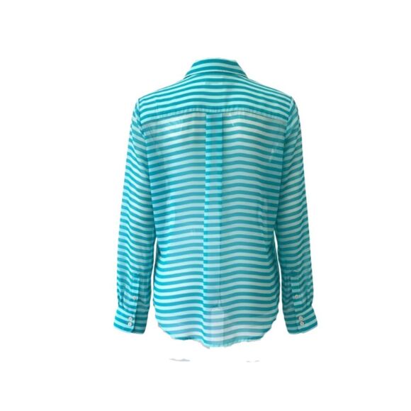 Old Navy Teal Striped Sheer Button-Down Size M Shirt Long Sleeve - Picture 9 of 12